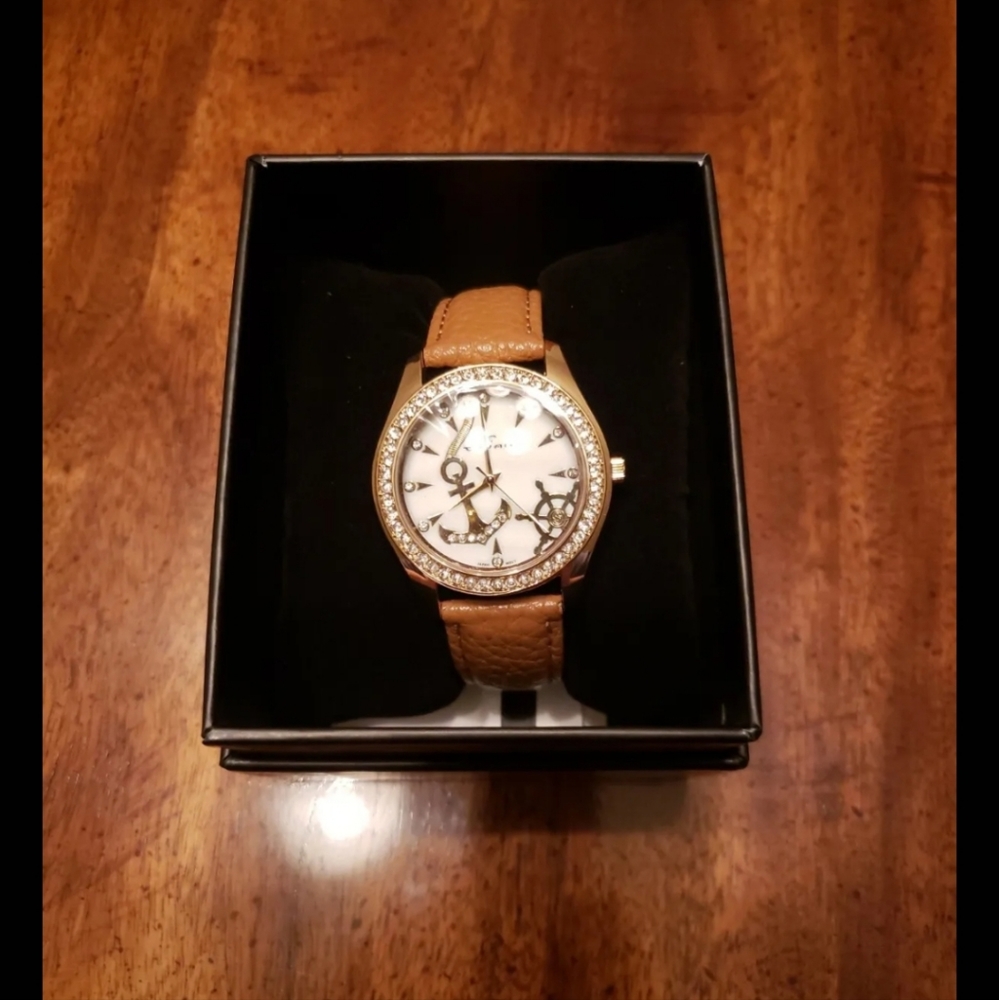 Nautical Cruise Anchor Wheel Modern leather swarovski crystals Watch brown gold